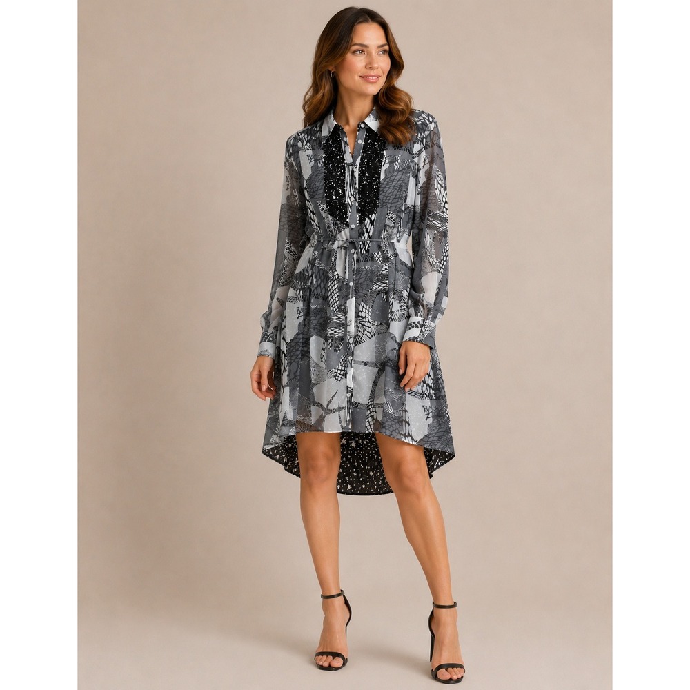 Kirna Zabete Shirt Dress Womens Small Gray Black Star Mixed Print Hi Lo Hem Chic